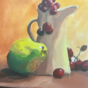 A painting of an apple and some cherries