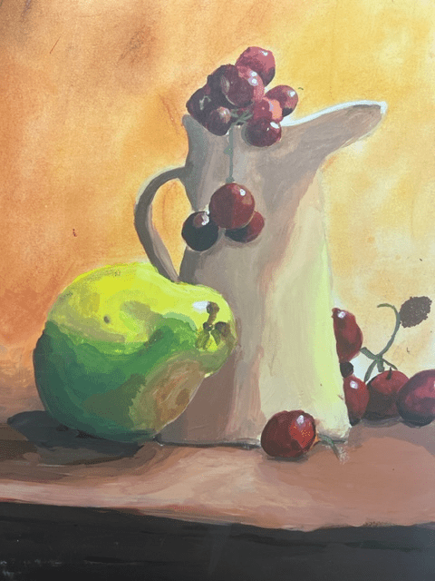 A painting of an apple and some cherries