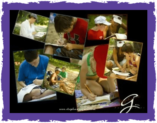 A collage of people working on paper work.