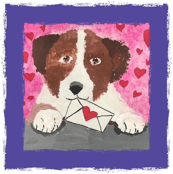 A dog holding an envelope with hearts on it.