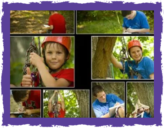 A series of photos showing people in the woods.