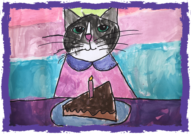 A cat sitting in front of a piece of cake.