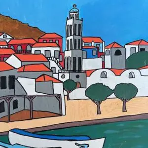 A painting of a city with boats in the water