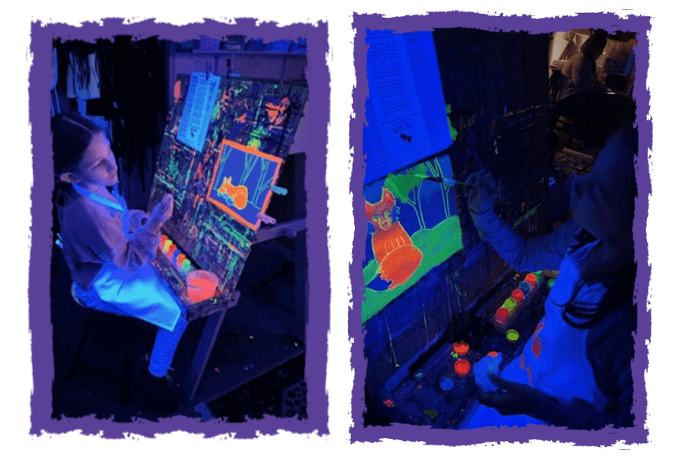 Two pictures of a person painting at night.