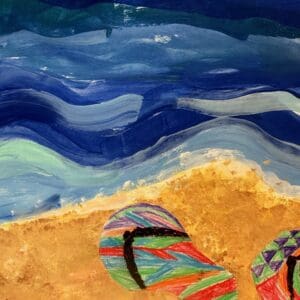 A painting of two flip flops on the beach