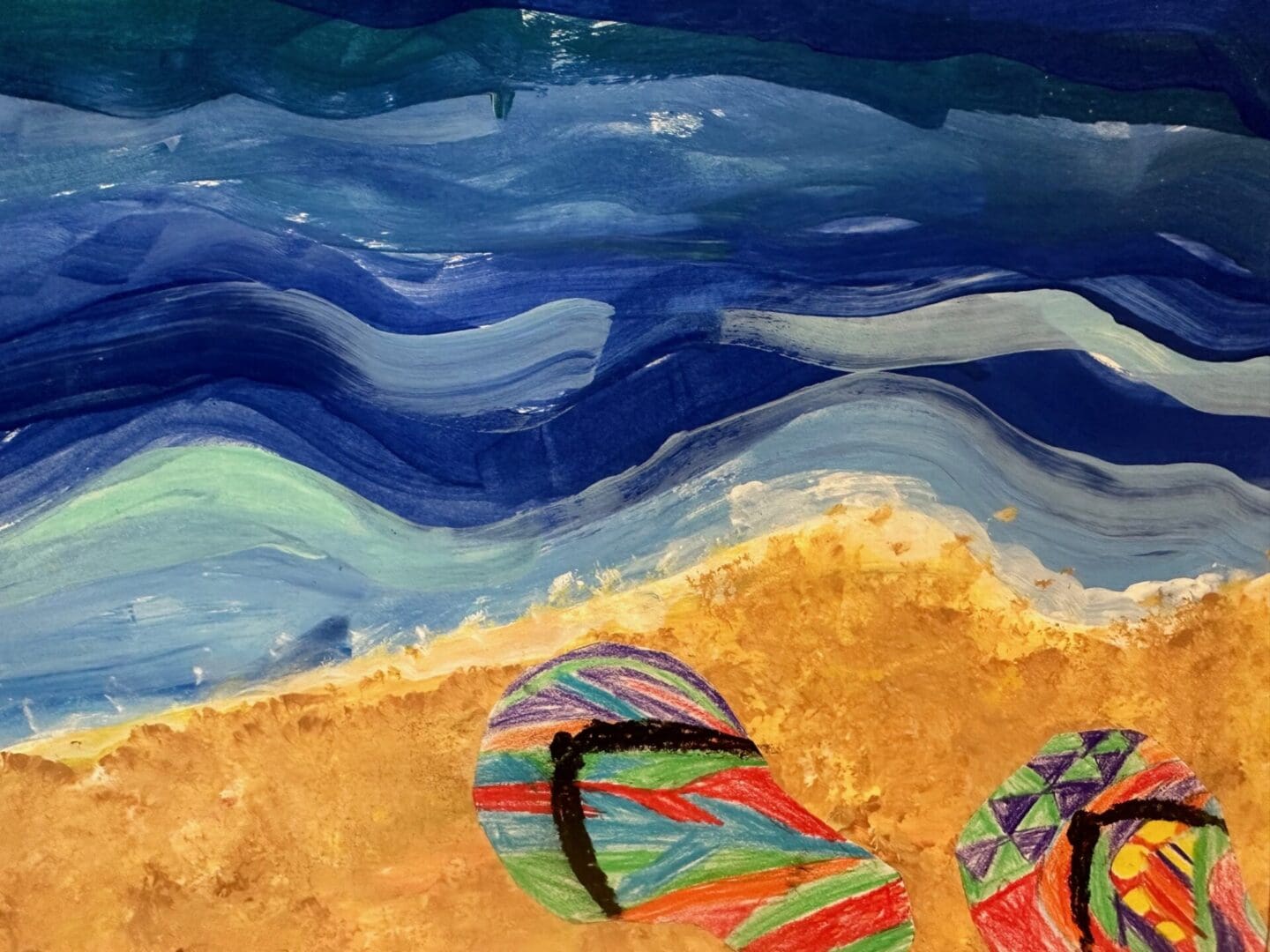 A painting of two flip flops on the beach