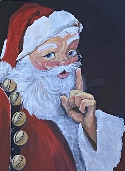 A painting of santa clause with his finger up to the mouth.