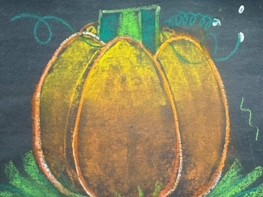 A painting of three pumpkins on a table.