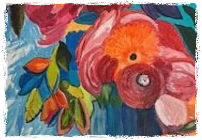 A painting of flowers and leaves in the background.