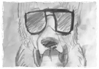 A drawing of a dog wearing glasses